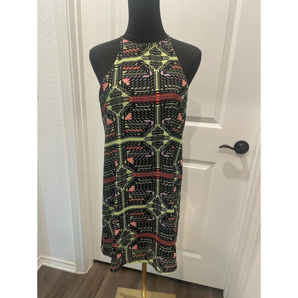Meghan Los Angeles Womens Sz S Trapeze Aztec Artsy Halter Black Neon Mini Dress